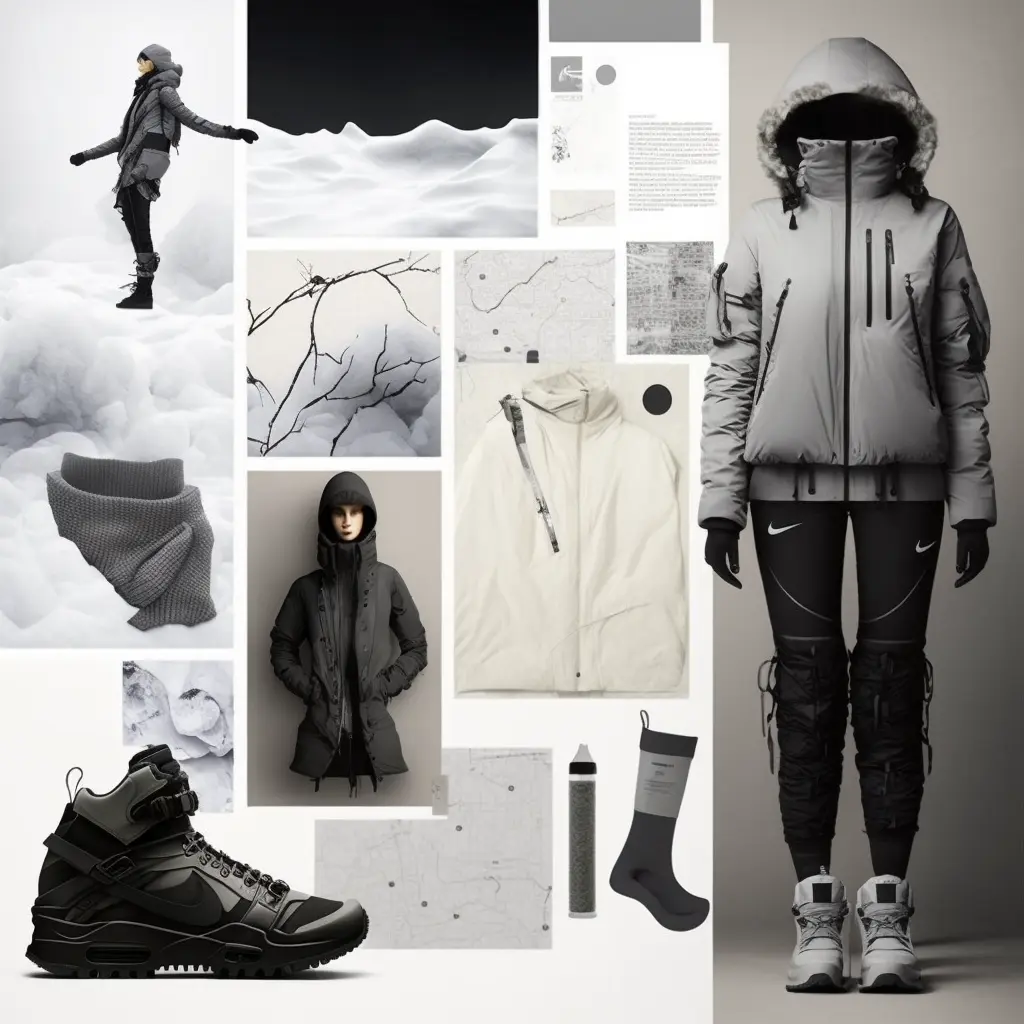 fashion moodboard for techwear by nike, inspired by arctic
